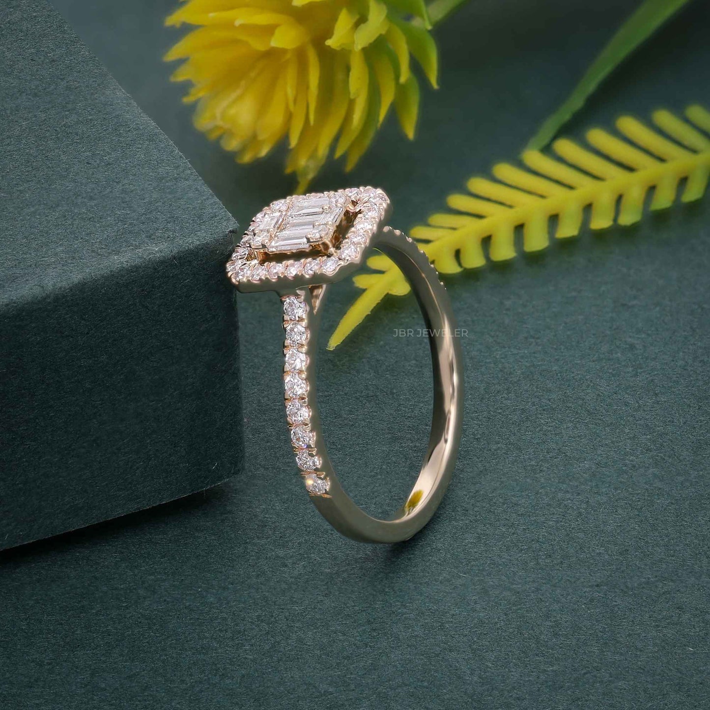 Schwebender Halo Baguette Diamantring | Moissanit | Gelb-/Weiß-/Roségold