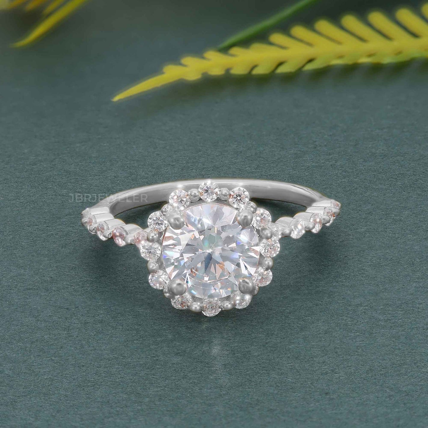 Floating Shared Prong Round Moissanite Diamond Halo Ring