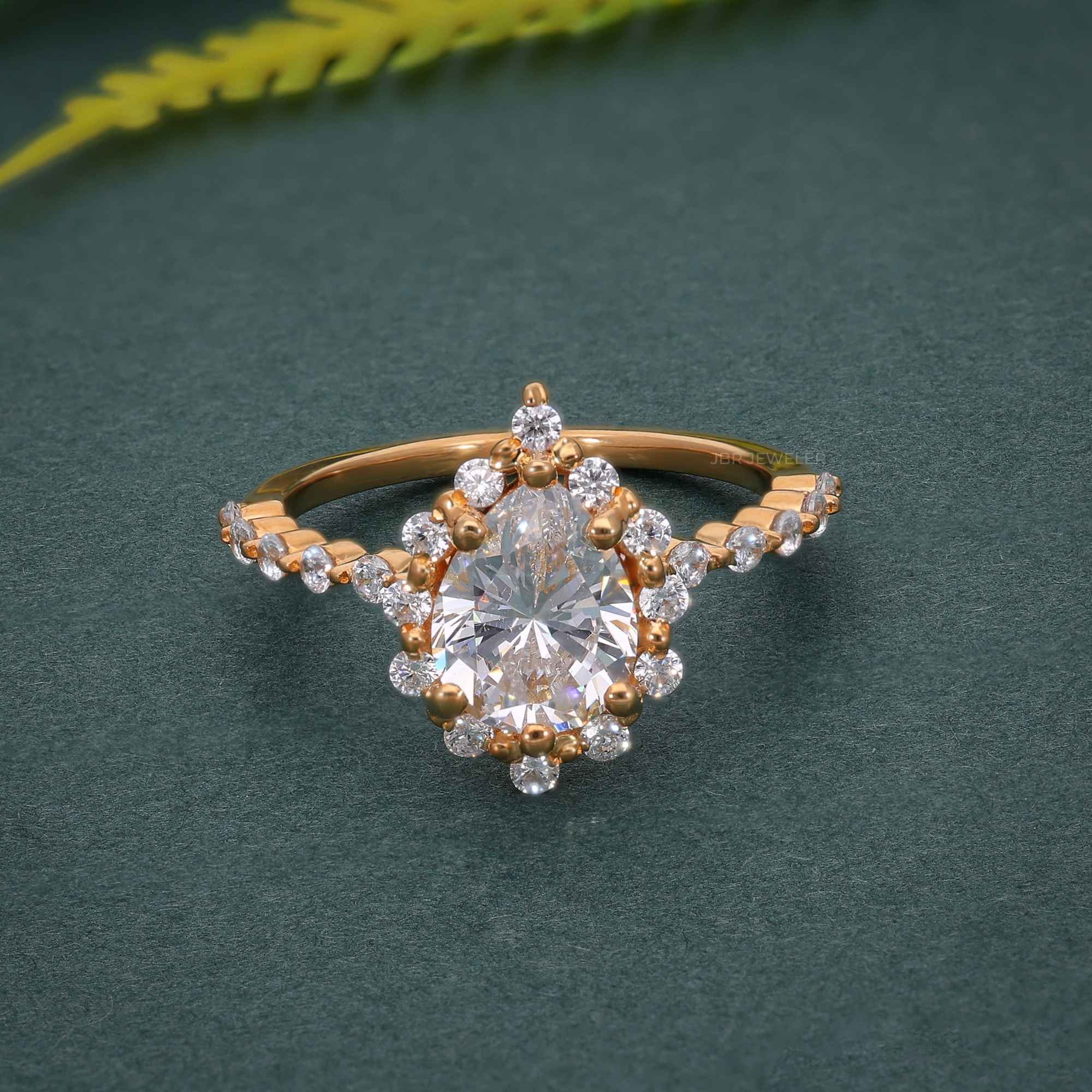 Floating Shared Prong Pear Moissanite Diamond Halo Ring - JBR Jeweler