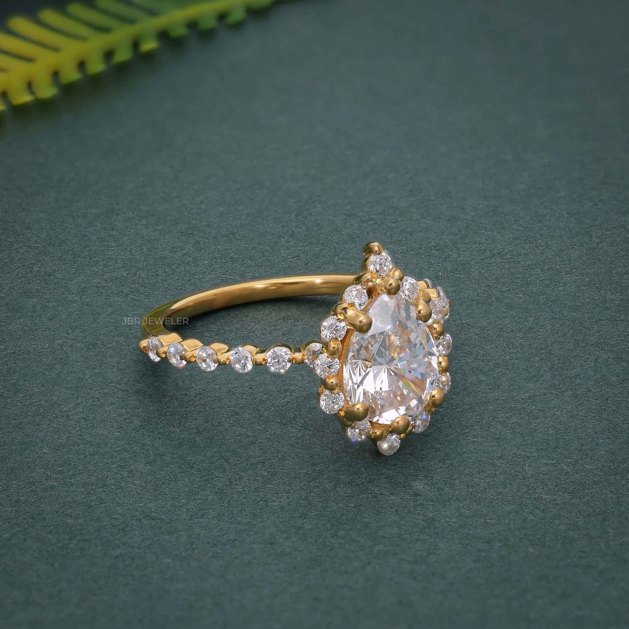 Floating Shared Prong Pear Moissanite Diamond Halo Ring - JBR Jeweler