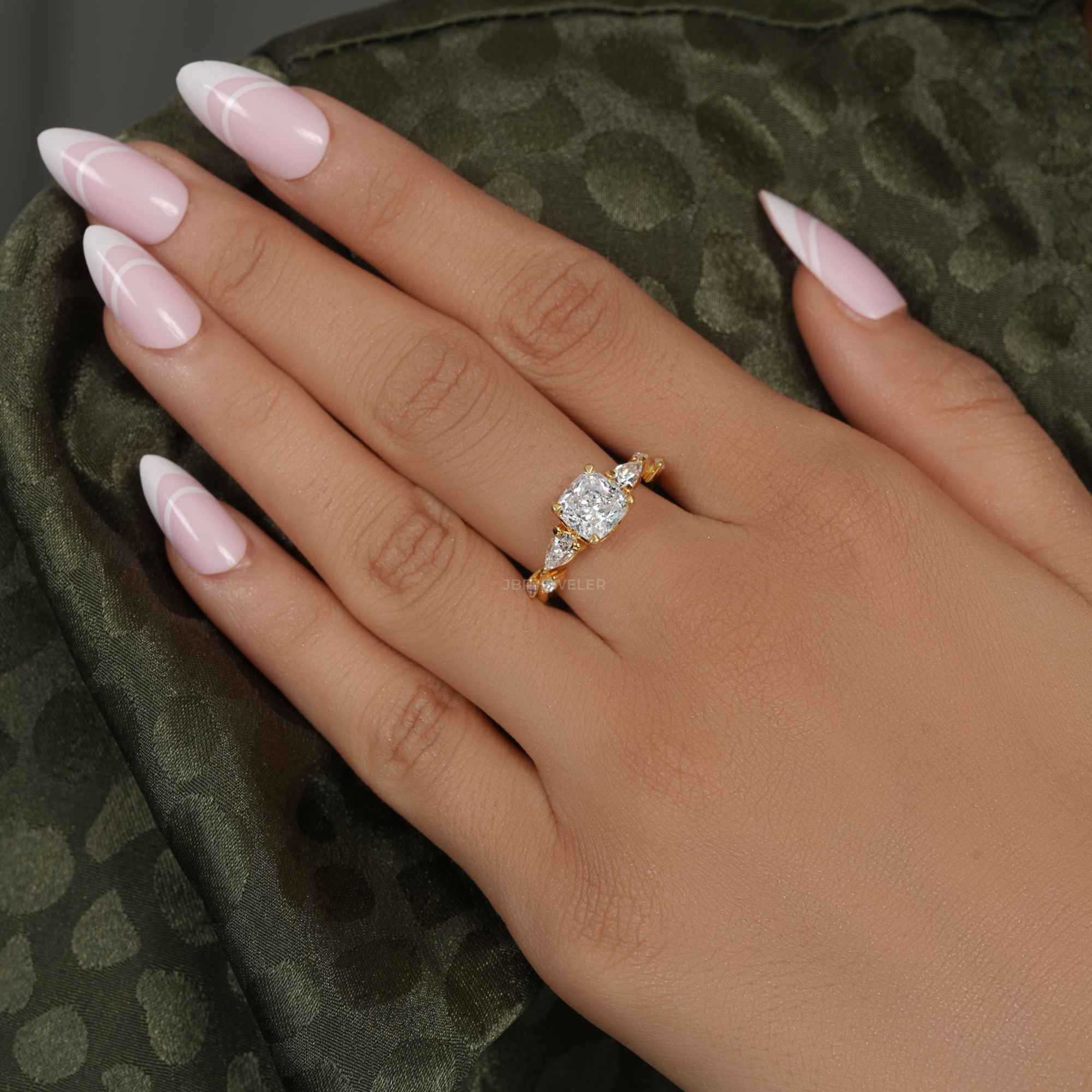 Floral Three Stone Cushion Cut Lab Grown Diamond Engagement Ring - JBR Jeweler