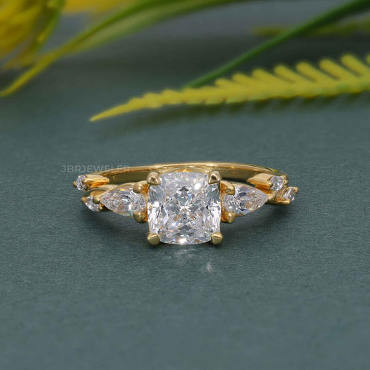 Floral Three Stone Cushion Cut Lab Grown Diamond Engagement Ring