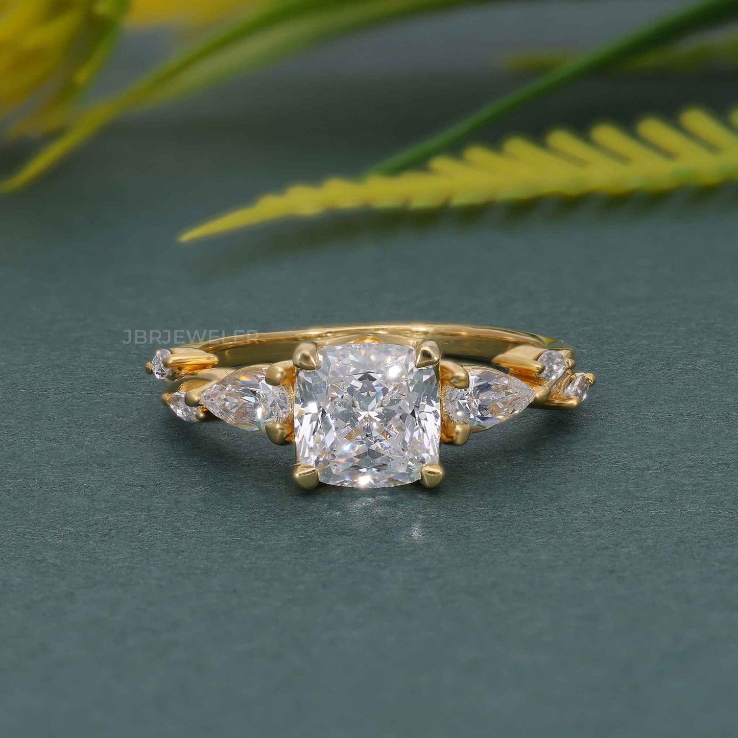 Floral Three Stone Cushion Cut Moissanite Diamond Engagement Ring