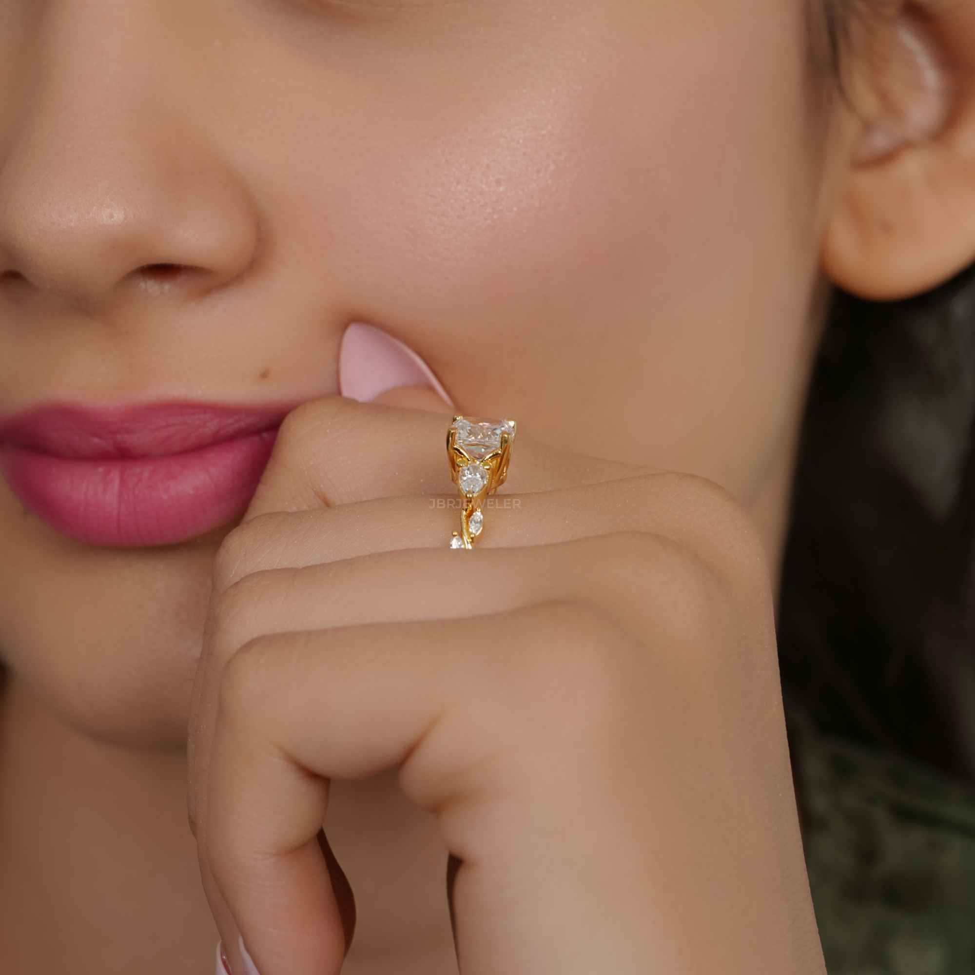 Floral Three Stone Cushion Cut Lab Grown Diamond Engagement Ring - JBR Jeweler