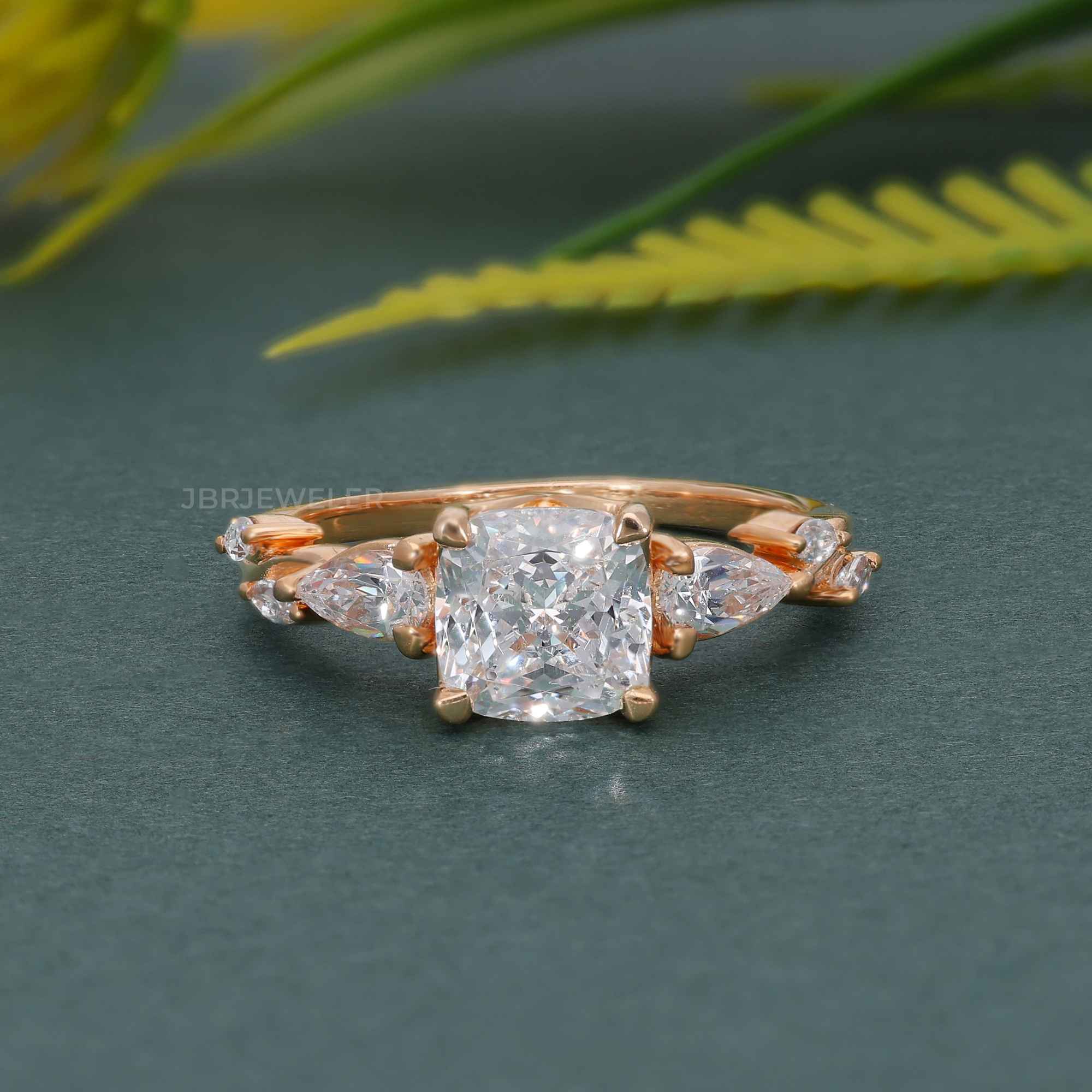 Floral Three Stone Cushion Cut Moissanite Diamond Engagement Ring - JBR Jeweler