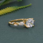 Floral Three Stone Cushion Cut Moissanite Diamond Engagement Ring - JBR Jeweler