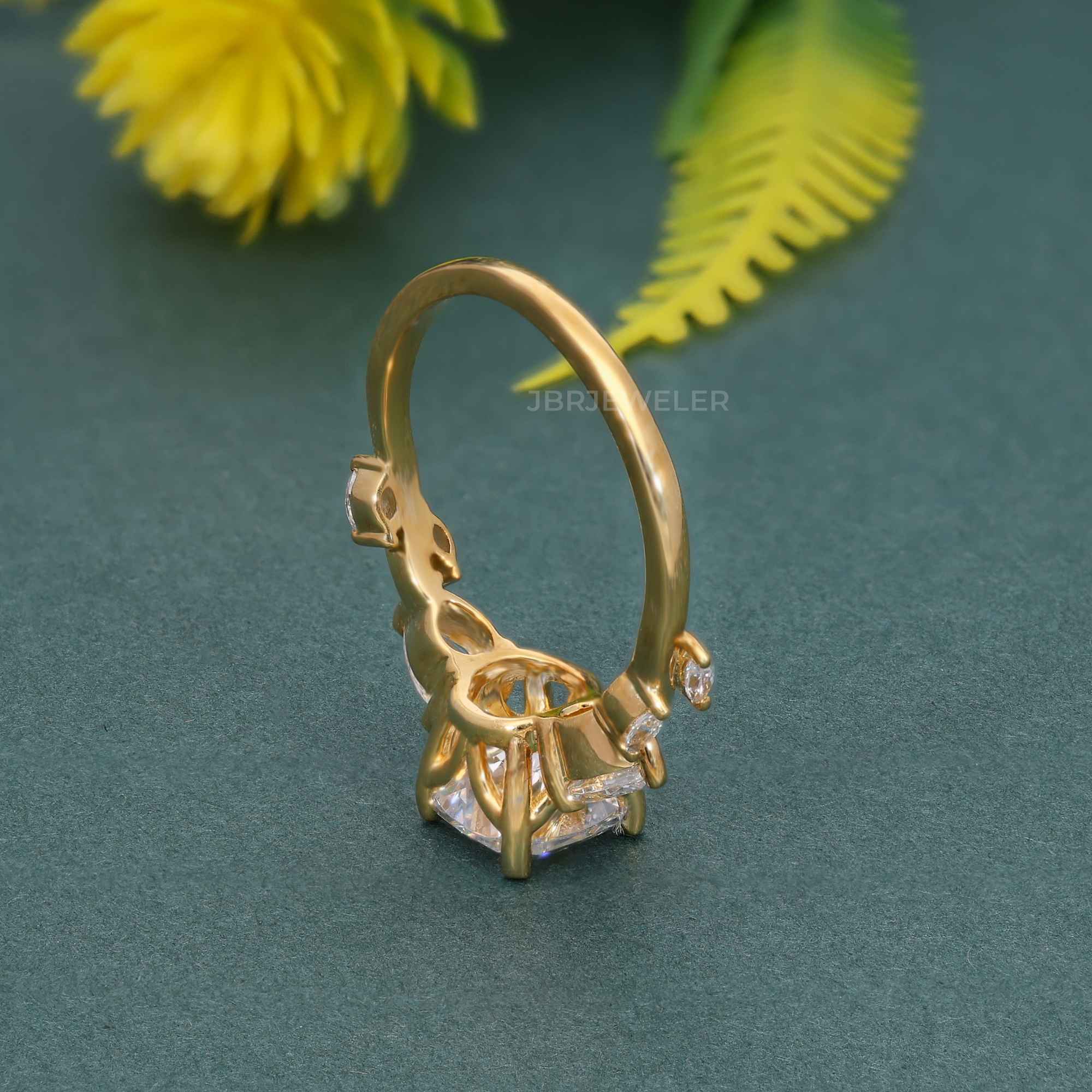 Floral Three Stone Cushion Cut Lab Grown Diamond Engagement Ring - JBR Jeweler