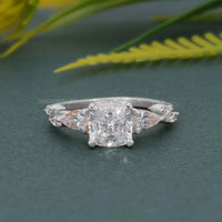 Floral Three Stone Cushion Cut Lab Grown Diamond Engagement Ring