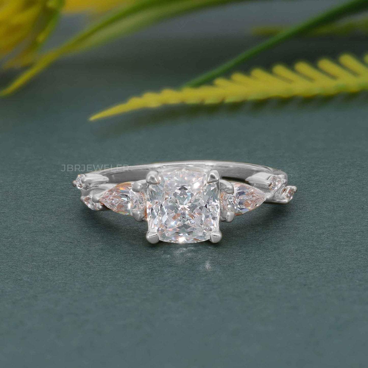 Floral Three Stone Cushion Cut Moissanite Diamond Engagement Ring