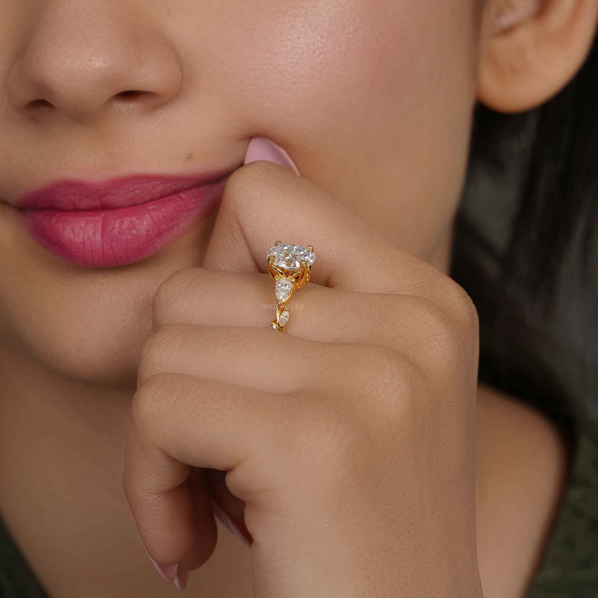 Floral Three Stone Oval Cut Moissanite Diamond Engagement Ring - JBR Jeweler