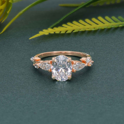 Floral Three Stone Oval Cut Lab Grown Diamond Engagement Ring