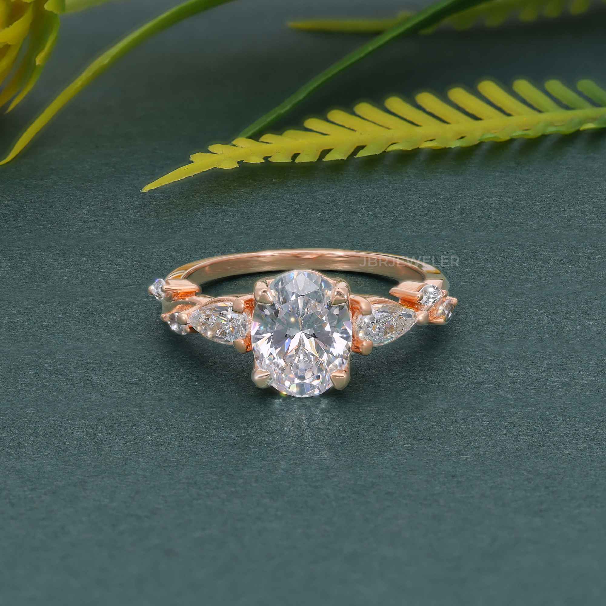 Floral Three Stone Oval Cut Moissanite Diamond Engagement Ring - JBR Jeweler