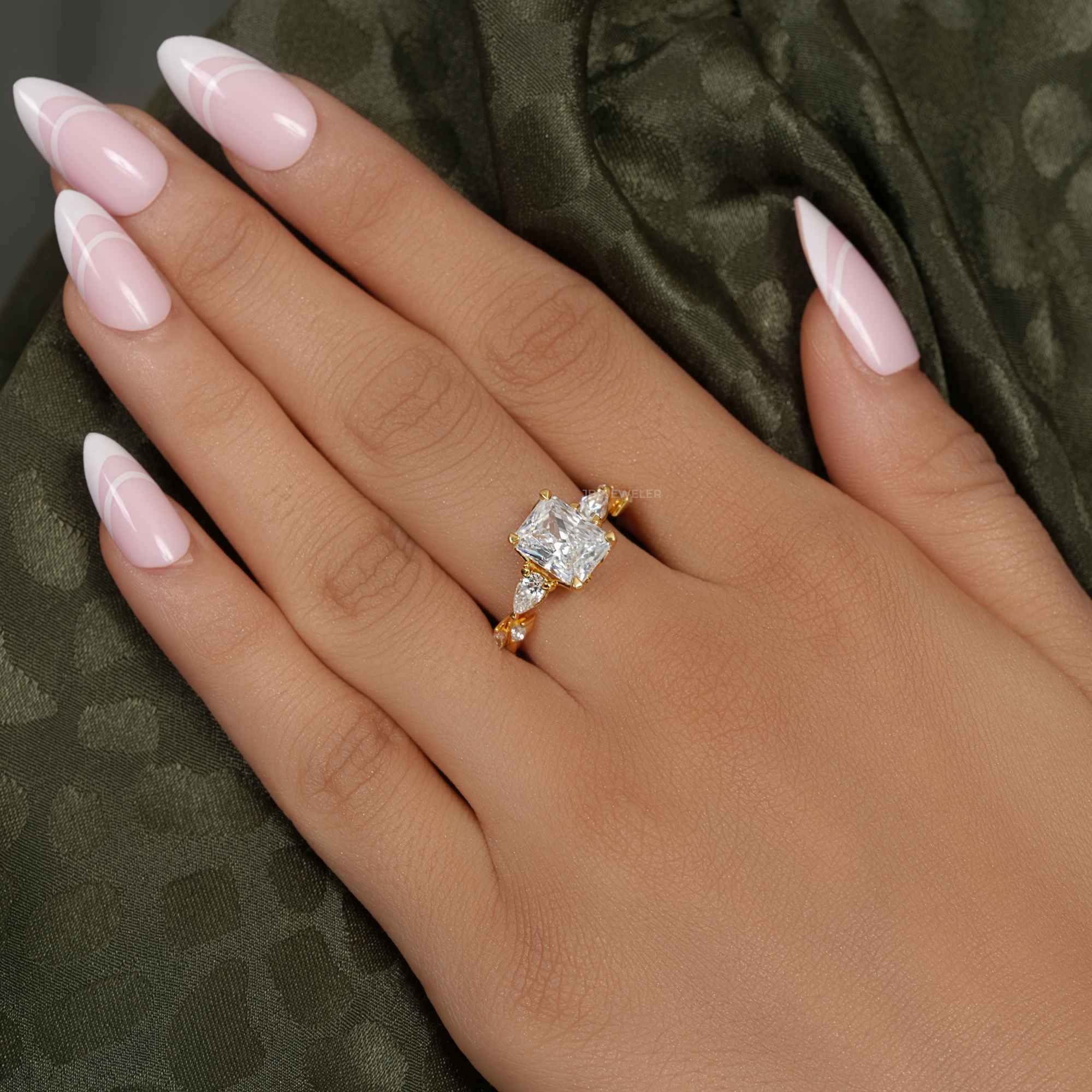 Floral Three Stone Radiant Cut Lab Grown Diamond Engagement Ring - JBR Jeweler
