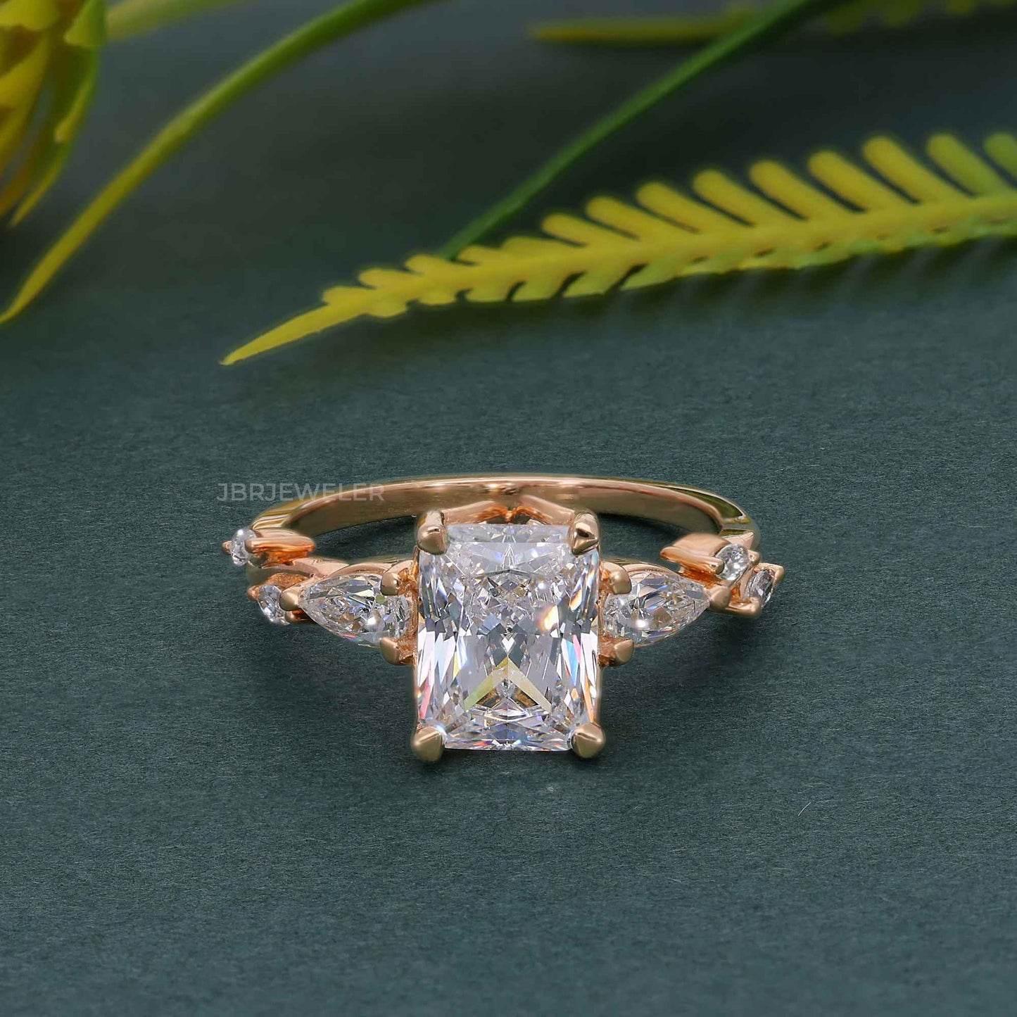 Floral Three Stone Radiant Cut Lab Grown Diamond Engagement Ring