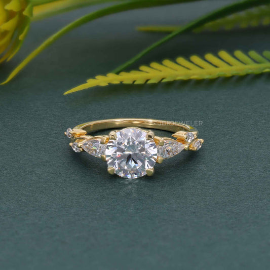 Floral Three Stone Round Cut Lab Grown Diamond Engagement Ring