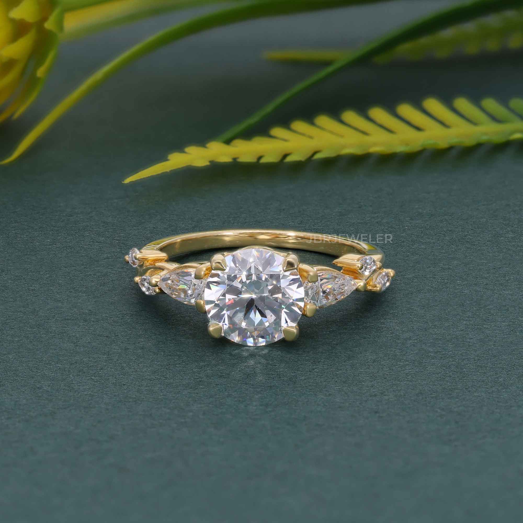 Floral Three Stone Round Cut Moissanite Diamond Engagement Ring - JBR Jeweler