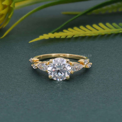 Floral Three Stone Round Cut Moissanite Diamond Engagement Ring