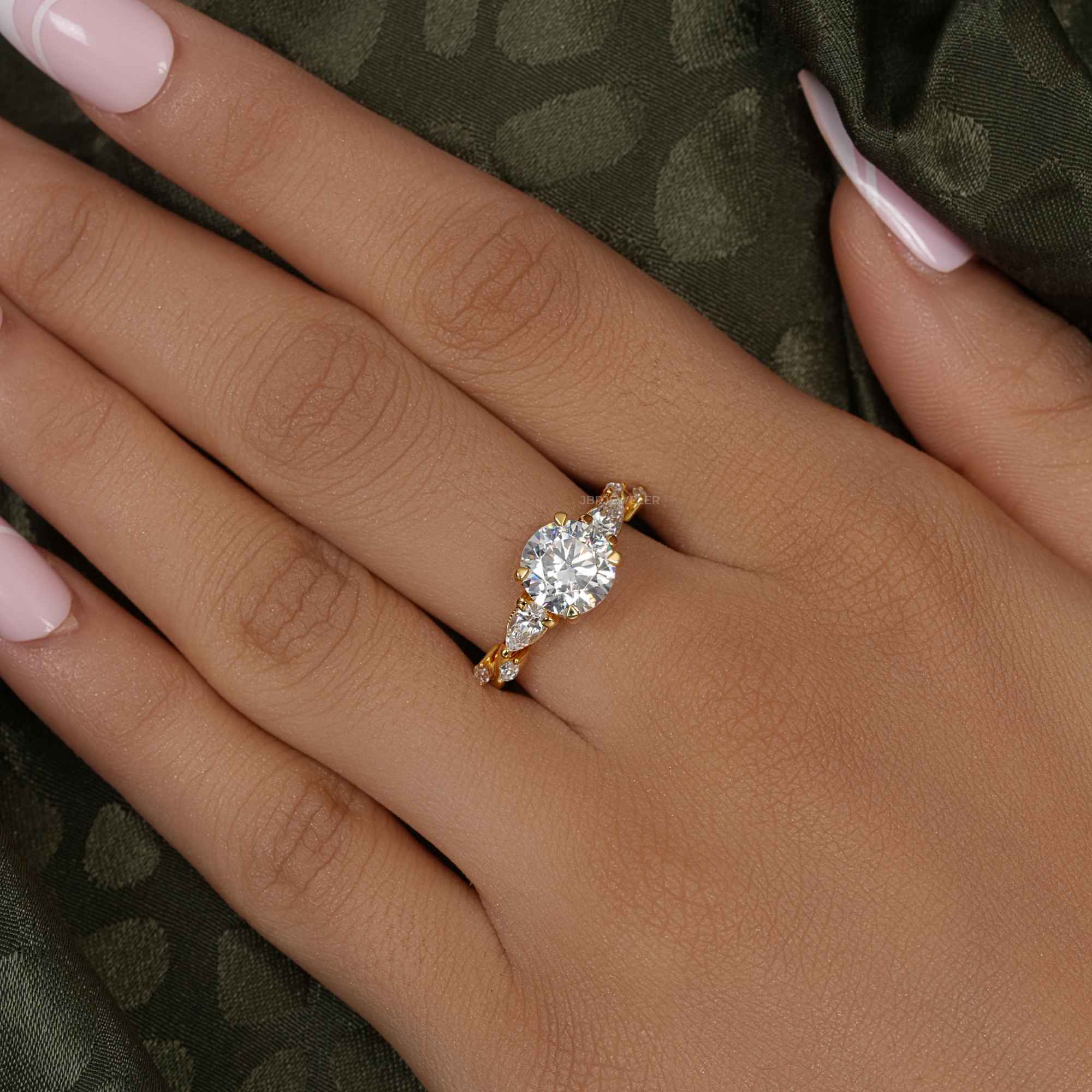 Floral Three Stone Round Cut Moissanite Diamond Engagement Ring - JBR Jeweler