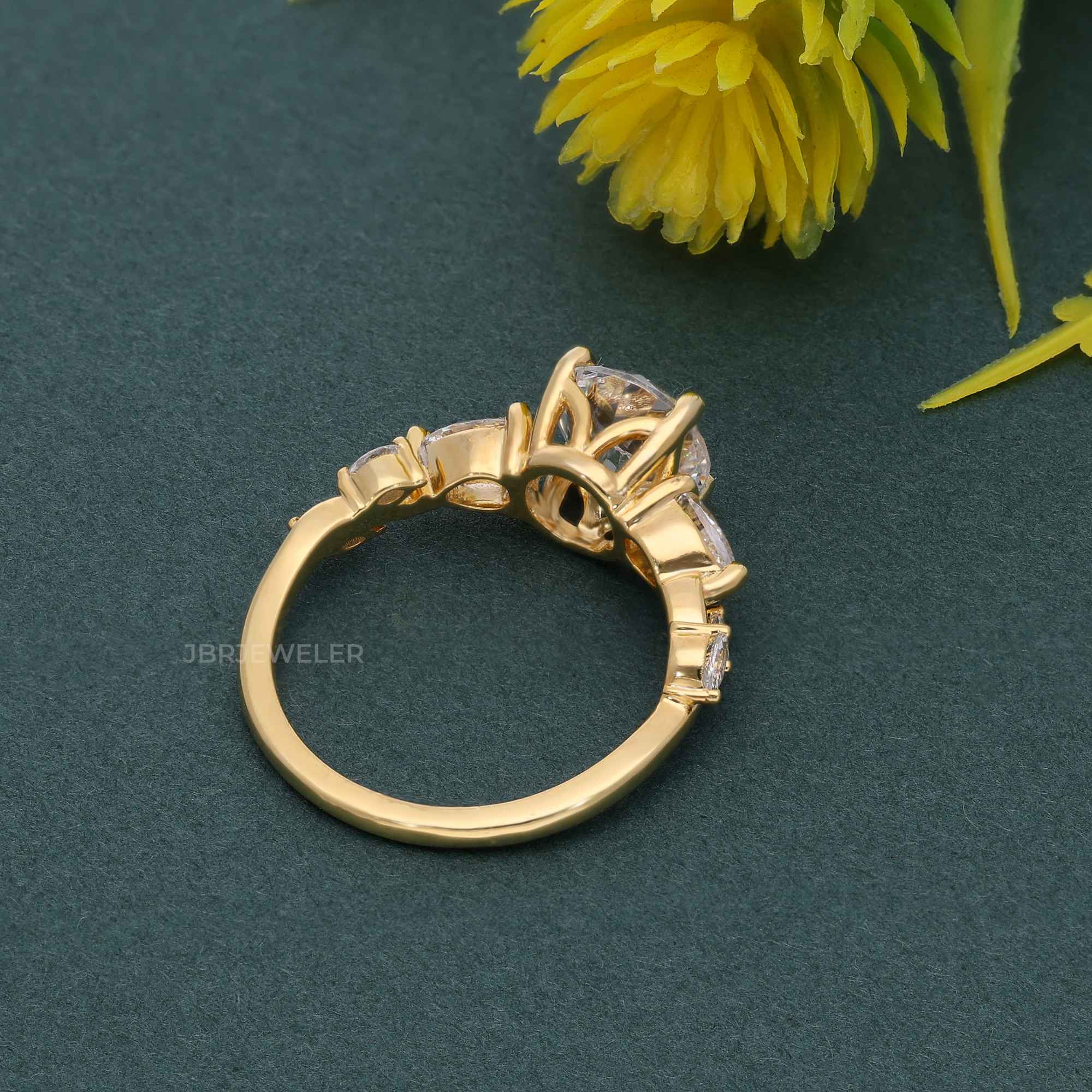 Floral Three Stone Round Cut Moissanite Diamond Engagement Ring - JBR Jeweler