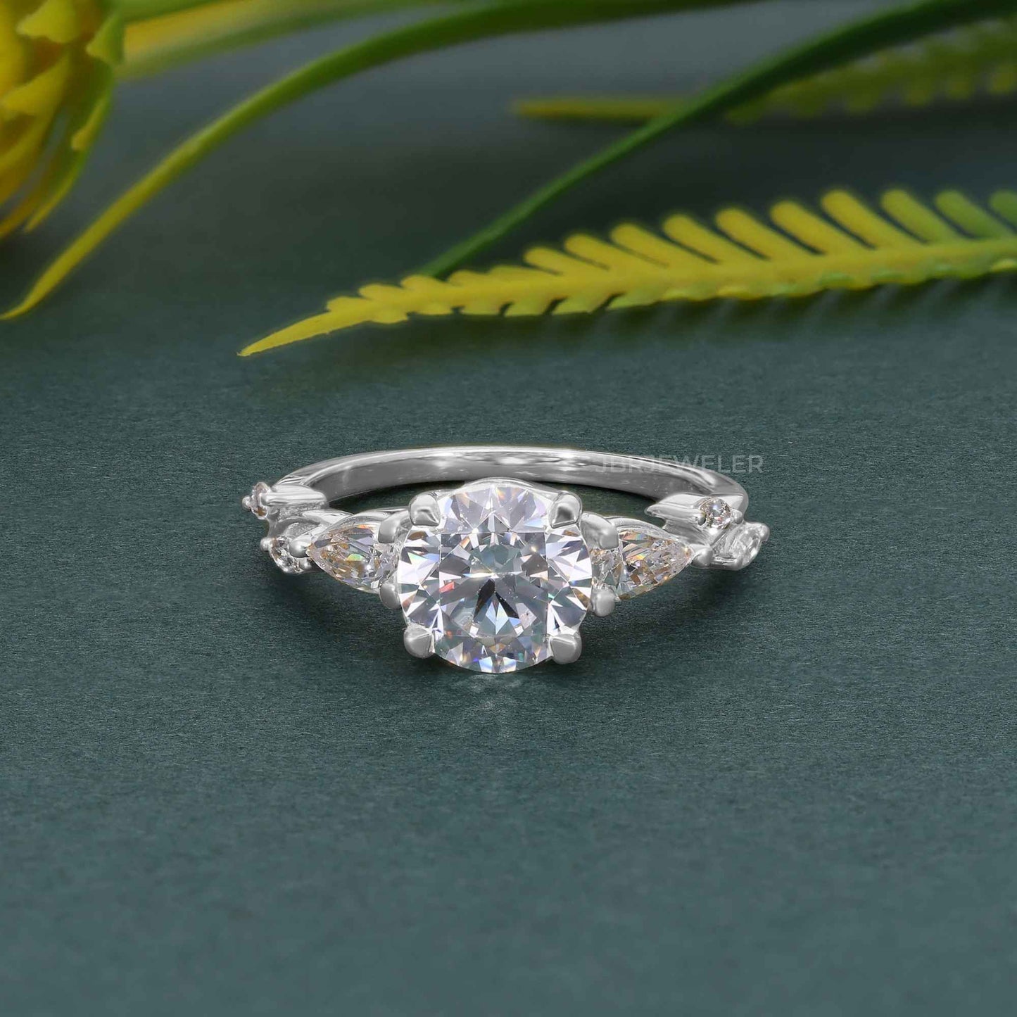 Floral Three Stone Round Cut Moissanite Diamond Engagement Ring