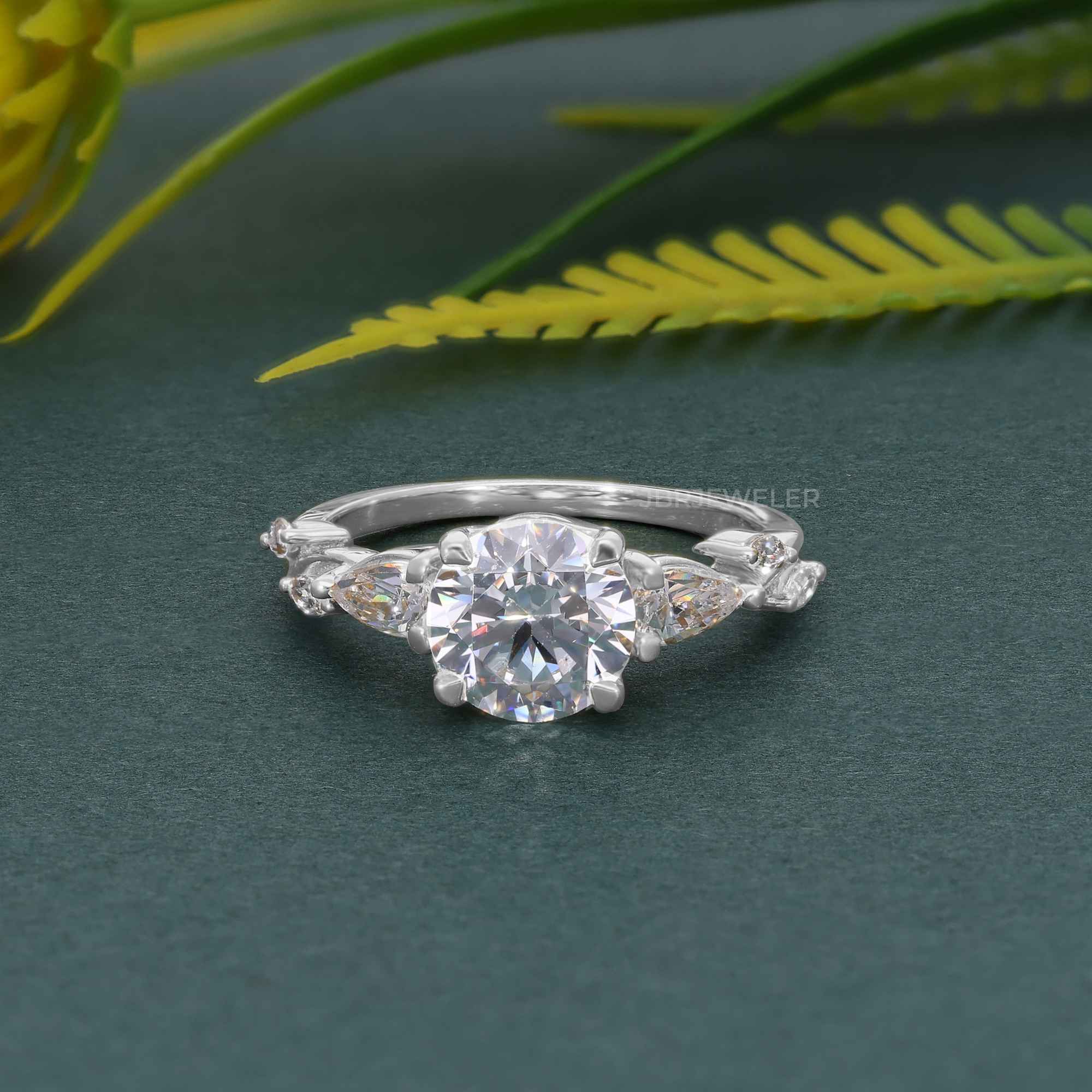 Floral Three Stone Round Cut Moissanite Diamond Engagement Ring - JBR Jeweler