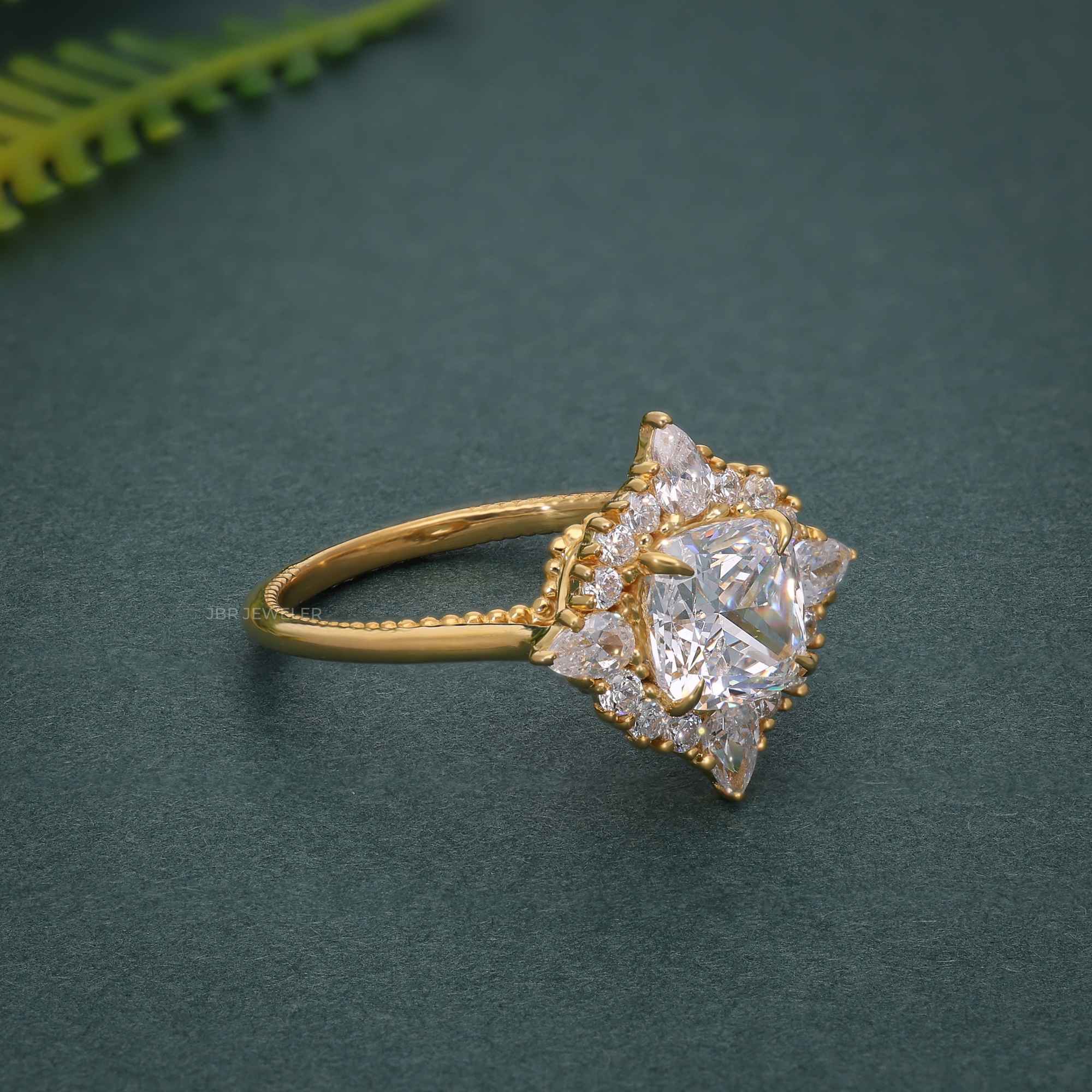 Floral Inspired Cushion Cut Halo Moissanite Diamond Engagement Ring - JBR Jeweler
