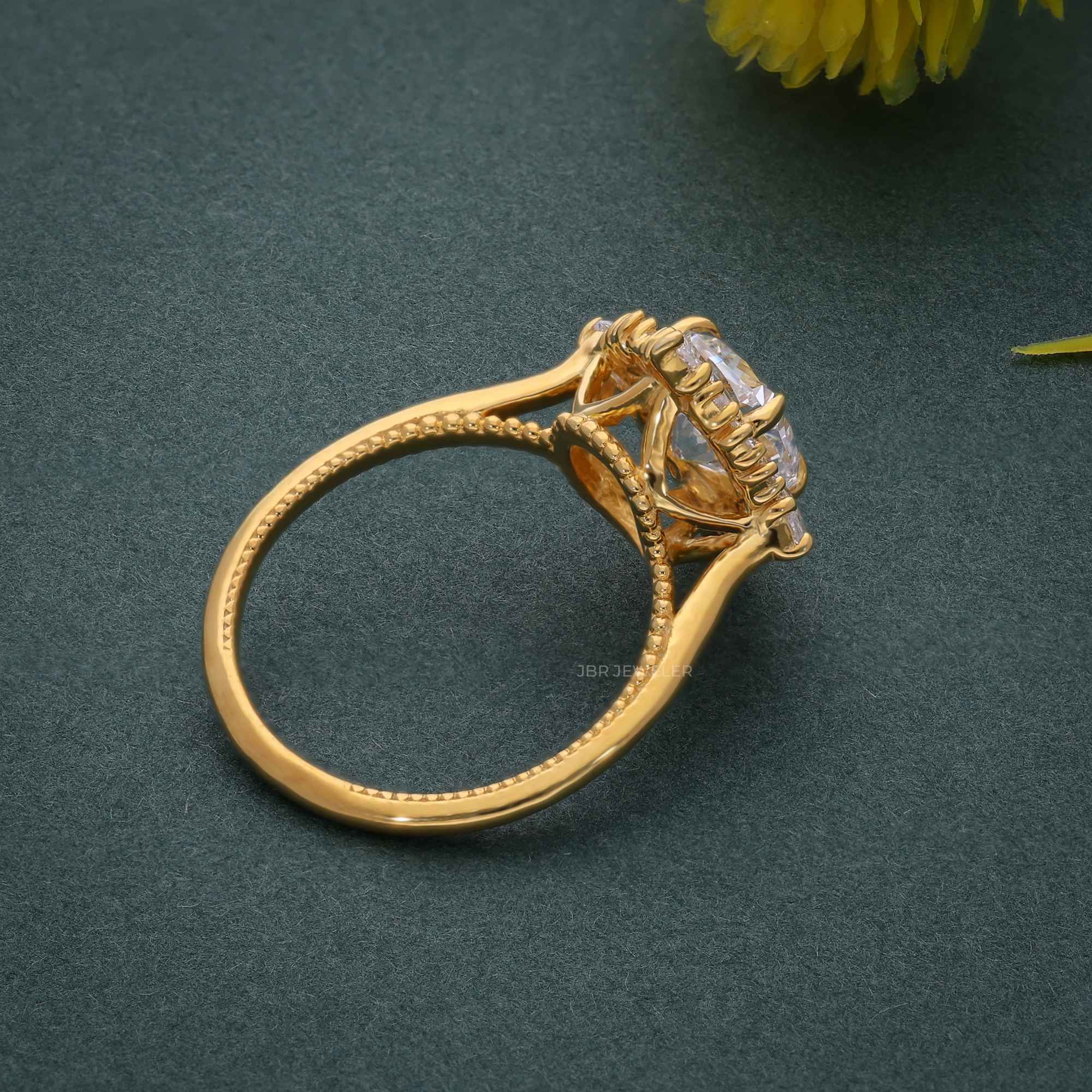 Floral Inspired Cushion Cut Halo Moissanite Diamond Engagement Ring - JBR Jeweler