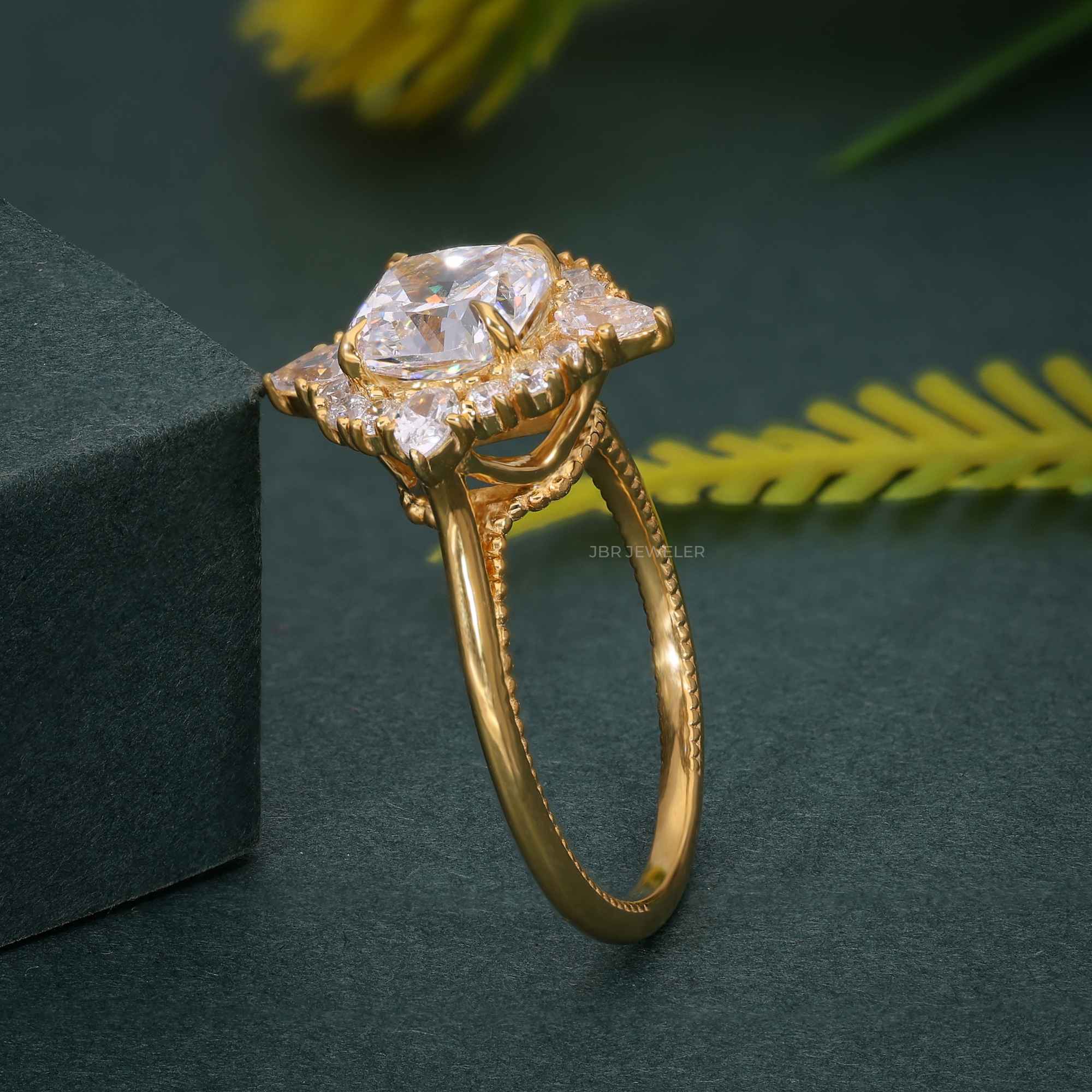 Floral Inspired Cushion Cut Halo Moissanite Diamond Engagement Ring - JBR Jeweler