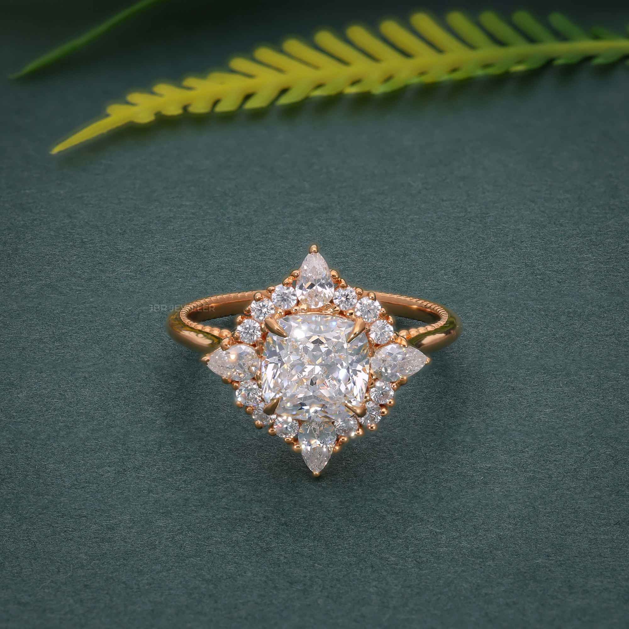 Floral Inspired Cushion Cut Halo Moissanite Diamond Engagement Ring - JBR Jeweler