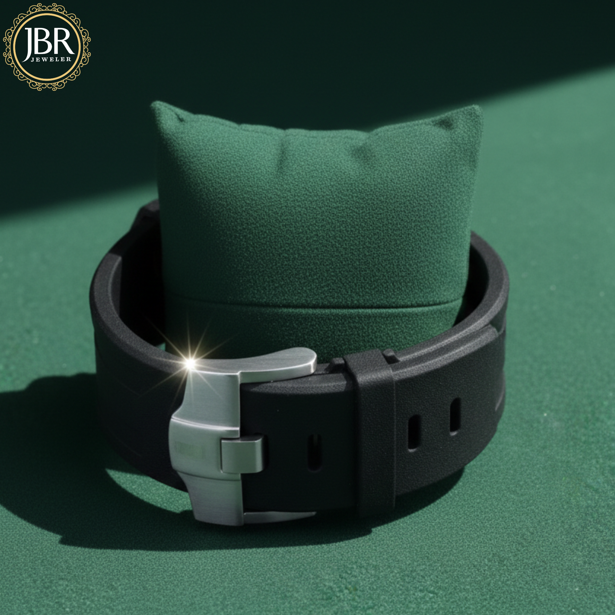 Black watch with silver clasp on a green cushion against a dark green background, featuring JBR Jewels 