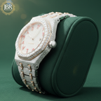 Fully iced-out men’s watch featuring an Arabic numeral dial, encrusted with VVS moissanite stones on the bezel, dial, and band for a bold, high-shine luxury look.