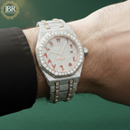 Fully iced-out men’s watch featuring an Arabic numeral dial, encrusted with VVS moissanite stones on the bezel, dial, and band for a bold, high-shine luxury look.