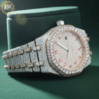 Fully iced-out men’s watch featuring an Arabic numeral dial, encrusted with VVS moissanite stones on the bezel, dial, and band for a bold, high-shine luxury look.