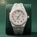 Fully iced-out men’s watch featuring an Arabic numeral dial, encrusted with VVS moissanite stones on the bezel, dial, and band for a bold, high-shine luxury look.