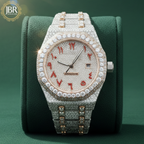 Fully iced-out men’s watch featuring an Arabic numeral dial, encrusted with VVS moissanite stones on the bezel, dial, and band for a bold, high-shine luxury look.