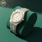Fully iced-out men’s watch featuring an Arabic numeral dial, encrusted with VVS moissanite stones on the bezel, dial, and band for a bold, high-shine luxury look.