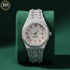Fully iced-out men’s watch featuring an Arabic numeral dial, encrusted with VVS moissanite stones on the bezel, dial, and band for a bold, high-shine luxury look.