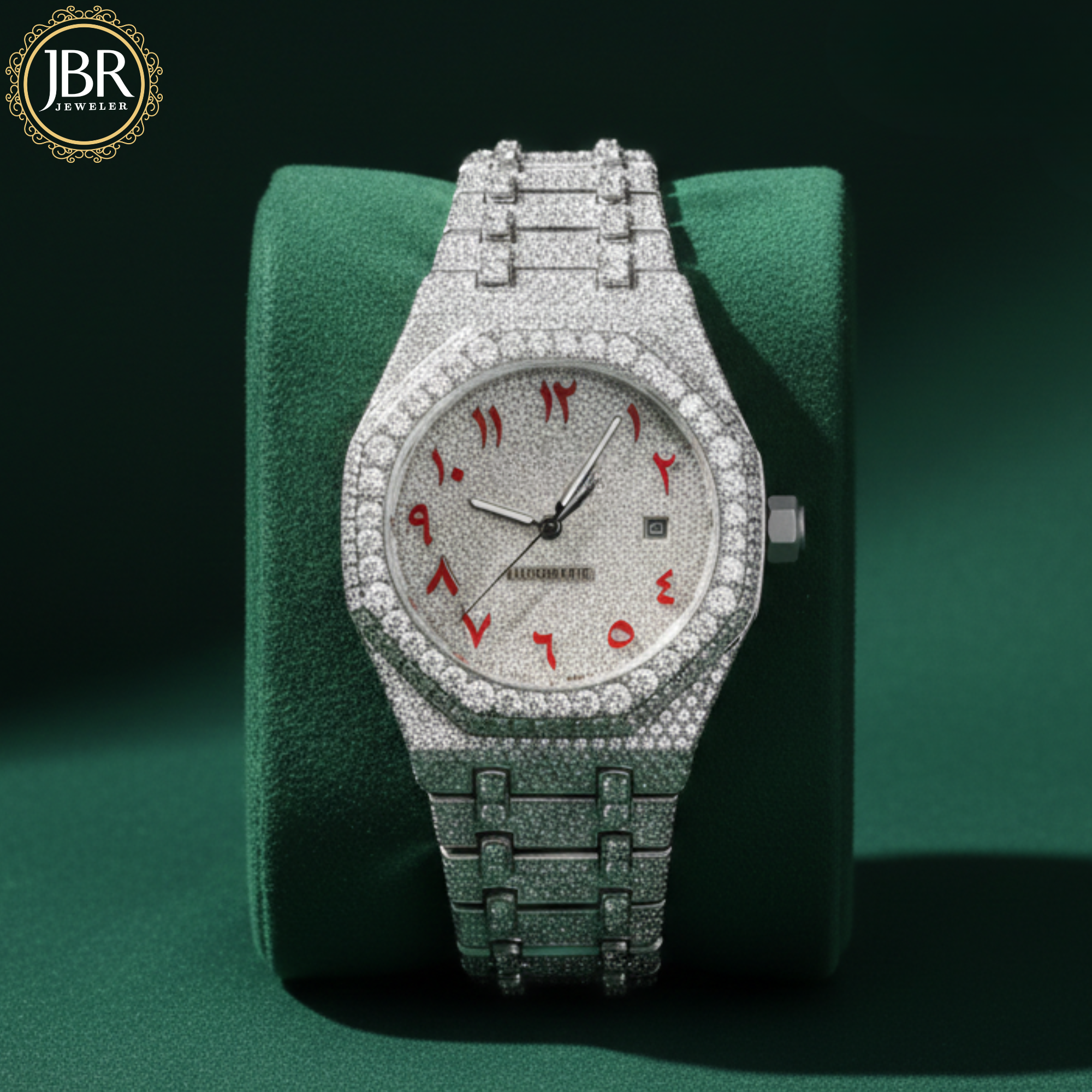 Fully iced-out men’s watch featuring an Arabic numeral dial, encrusted with VVS moissanite stones on the bezel, dial, and band for a bold, high-shine luxury look.