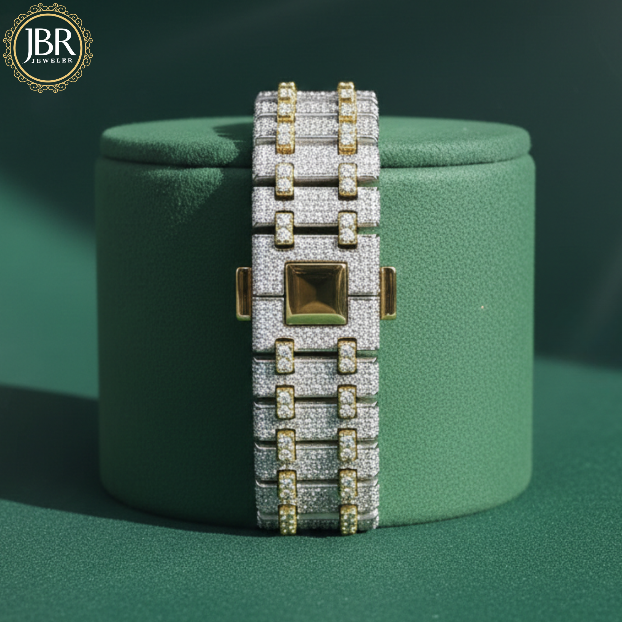 Fully iced-out men’s watch featuring an Arabic numeral dial, encrusted with VVS moissanite stones on the bezel, dial, and band for a bold, high-shine luxury look.