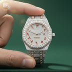 Fully iced-out men’s watch featuring an Arabic numeral dial, encrusted with VVS moissanite stones on the bezel, dial, and band for a bold, high-shine luxury look.