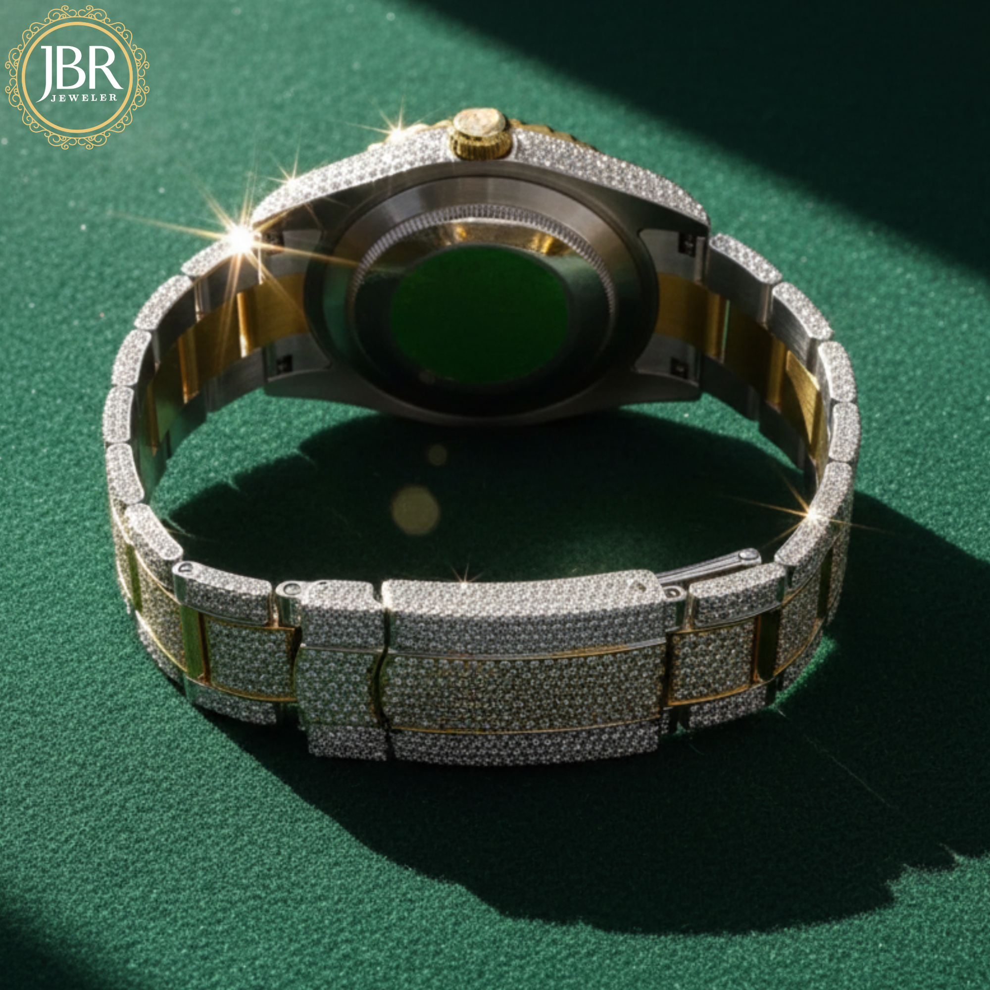 Fully iced-out VVS moissanite baguette diamond watch featuring precision-cut baguette stones across the bezel, dial, and band, delivering a bold, high-shine luxury statement look.