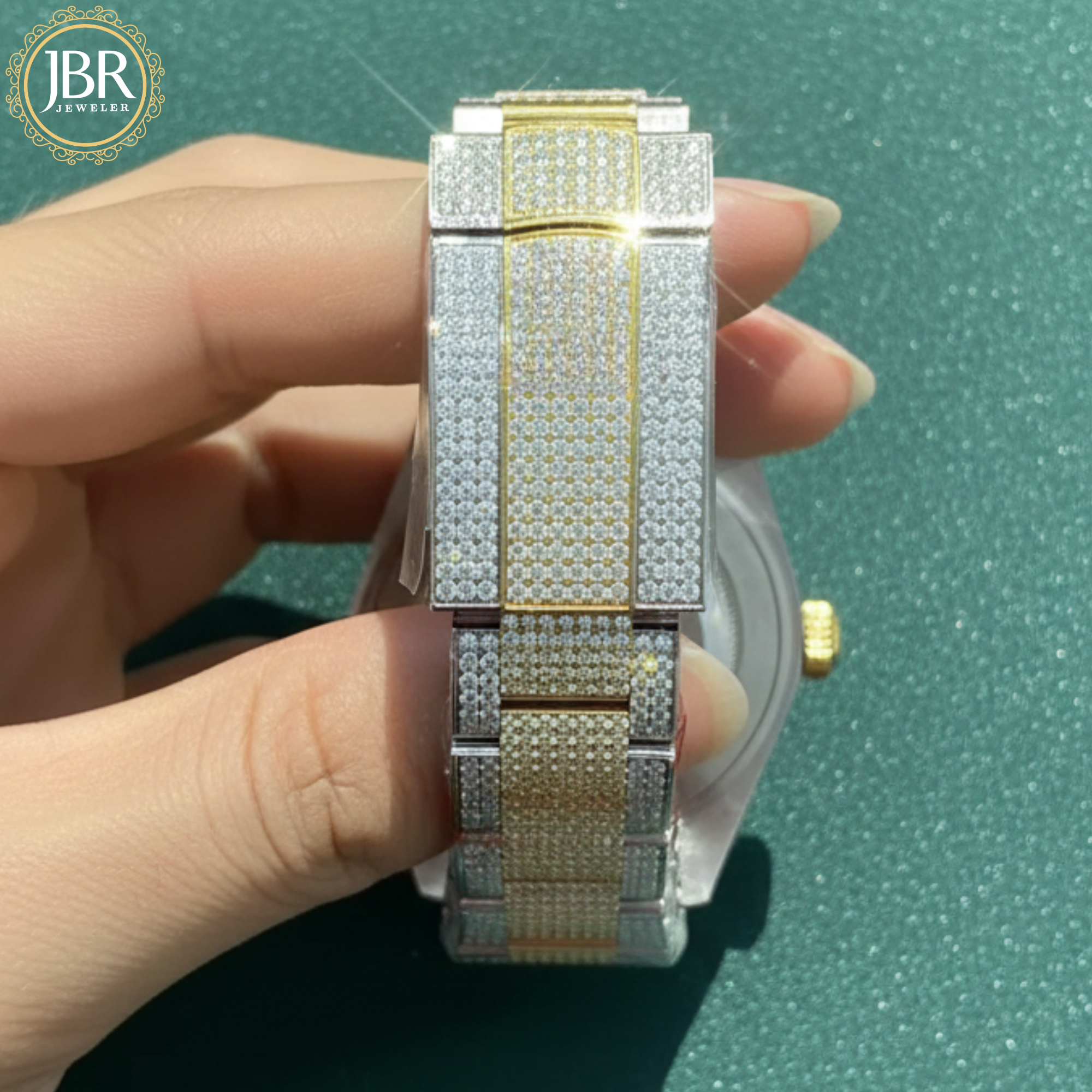Fully iced-out VVS moissanite baguette diamond watch featuring precision-cut baguette stones across the bezel, dial, and band, delivering a bold, high-shine luxury statement look.