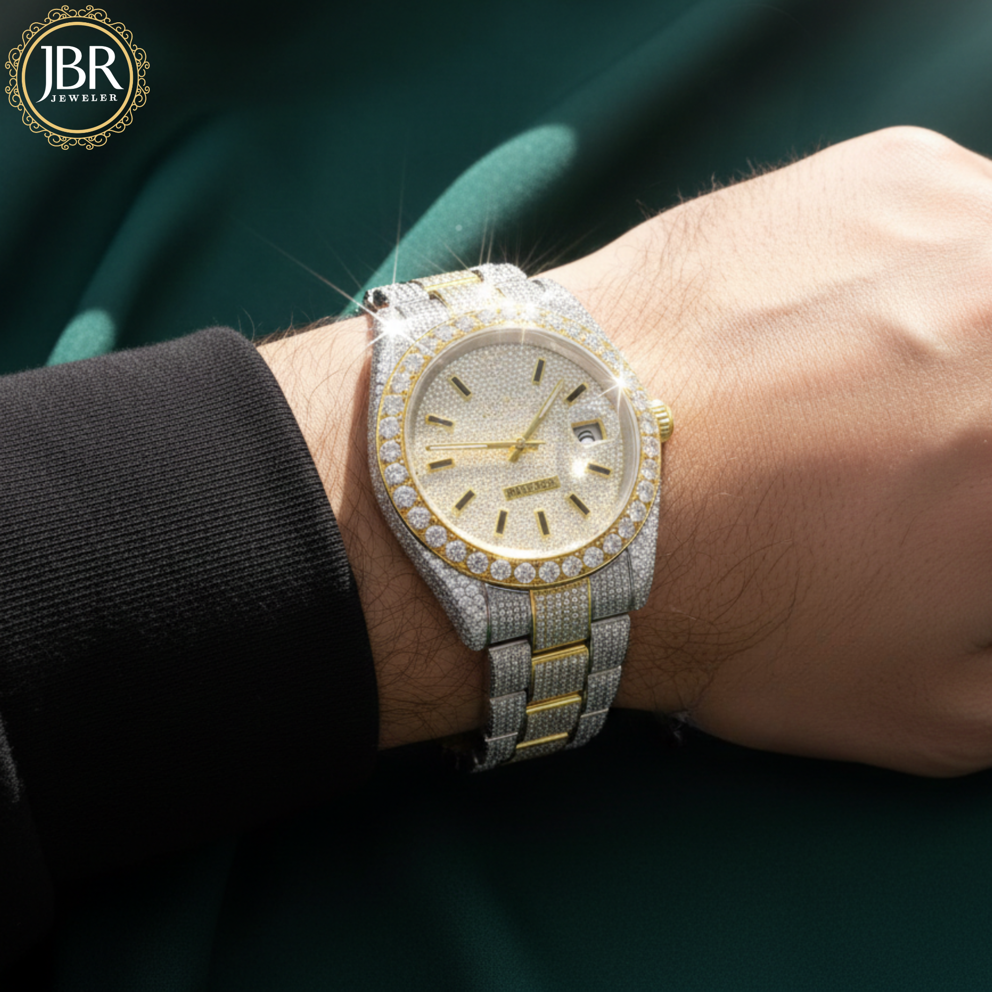 Fully iced-out VVS moissanite baguette diamond watch featuring precision-cut baguette stones across the bezel, dial, and band, delivering a bold, high-shine luxury statement look.