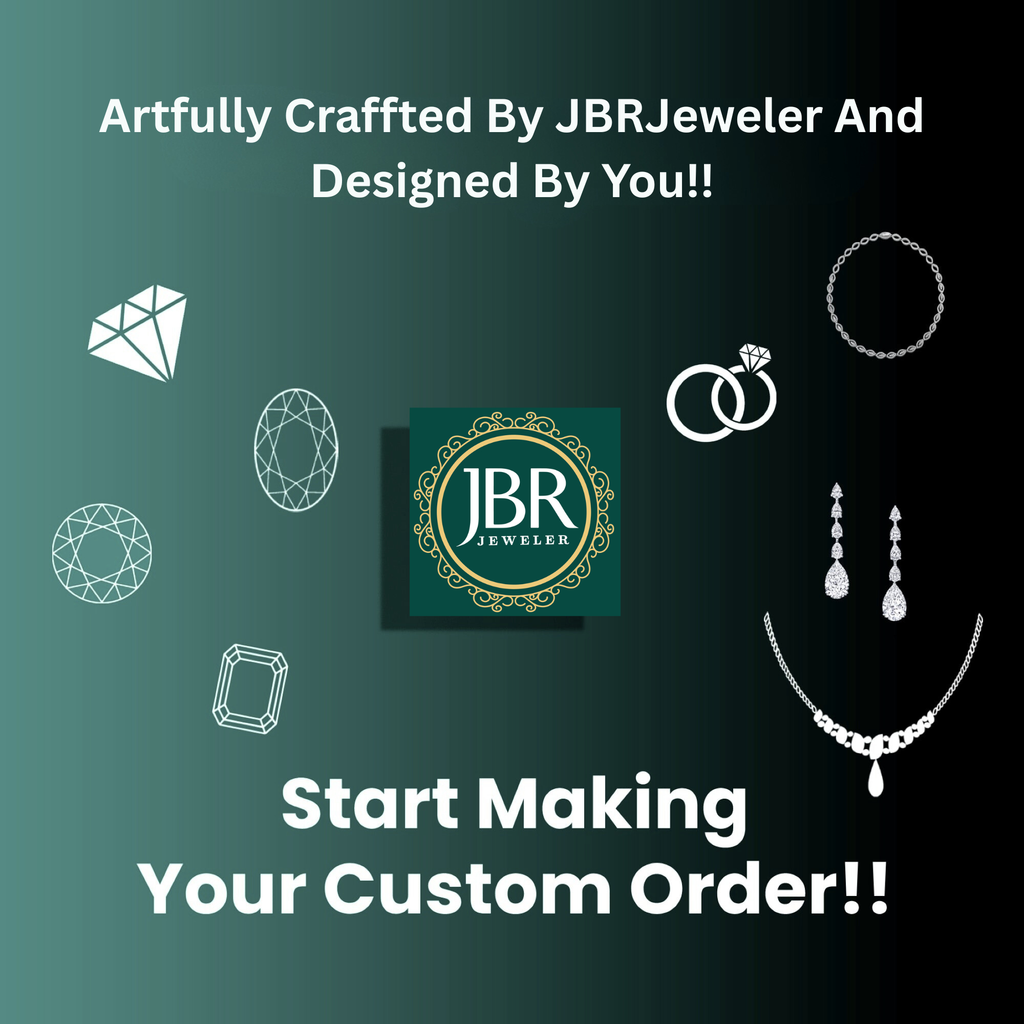 Promotional graphic for JBRJeweler with jewelry icons and a call to action to start a custom order.