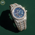 Fully studded iced out blue skeleton bust down watch with transparent dial, sparkling stones, and bold luxury statement design.