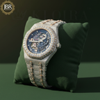 Fully studded iced out blue skeleton bust down watch with transparent dial, sparkling stones, and bold luxury statement design.