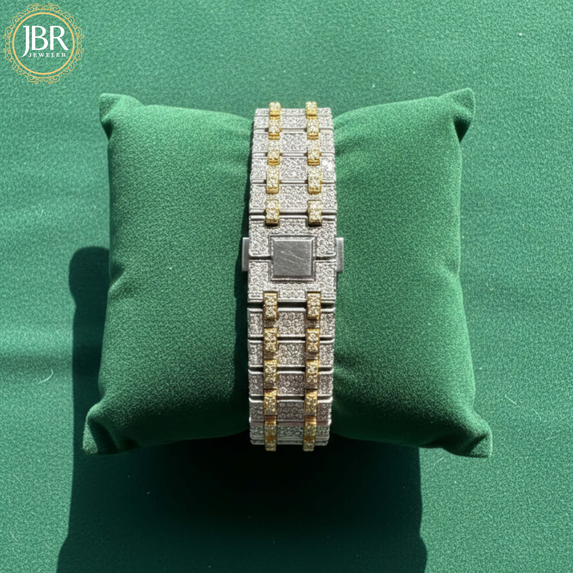 Fully studded iced out blue skeleton bust down watch with transparent dial, sparkling stones, and bold luxury statement design.