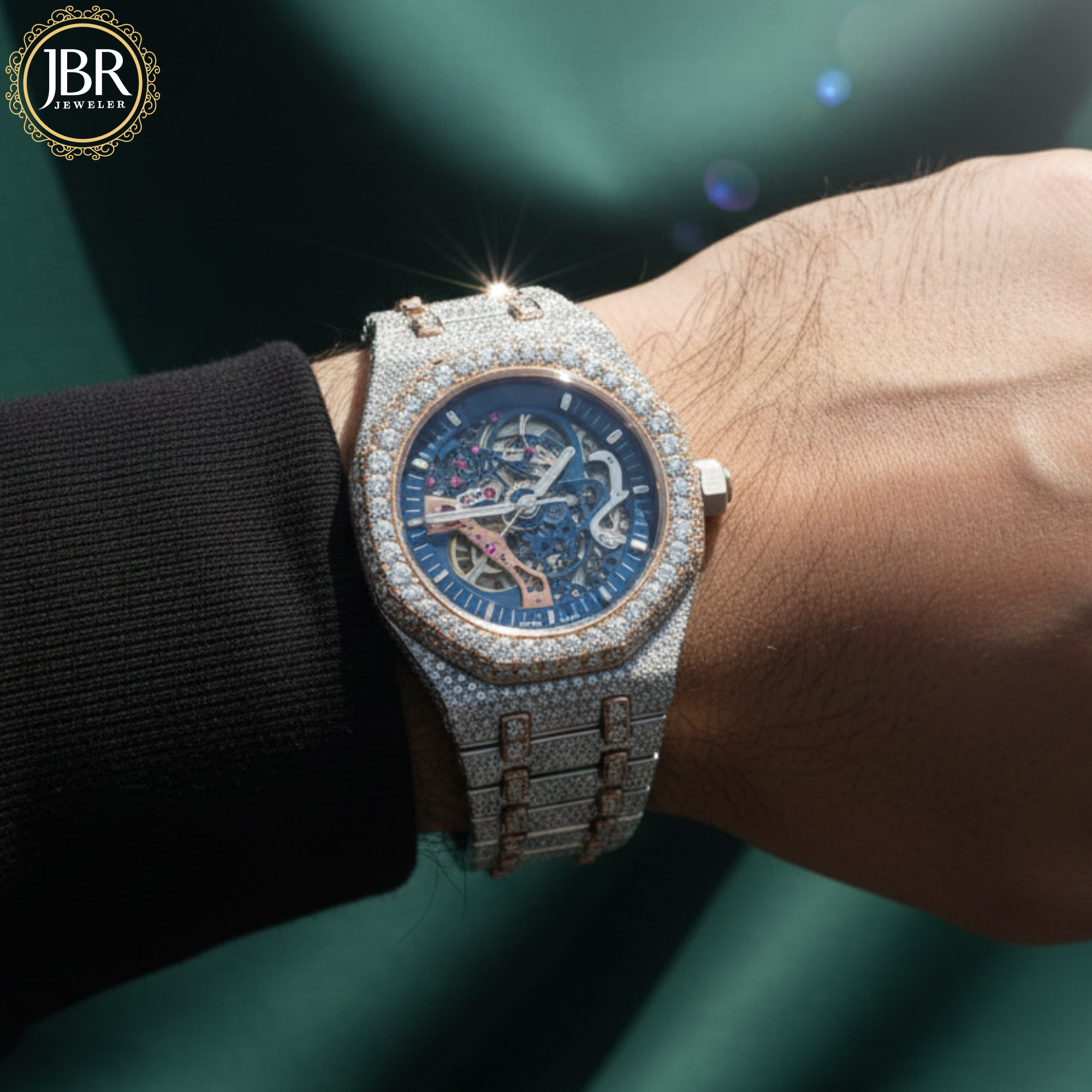 Luxury diamond-encrusted watch on a wrist with a blurred green background