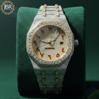 Fully iced-out men’s watch featuring an Arabic numeral dial, encrusted with VVS moissanite stones on the bezel, dial, and band for a bold, high-shine luxury look.