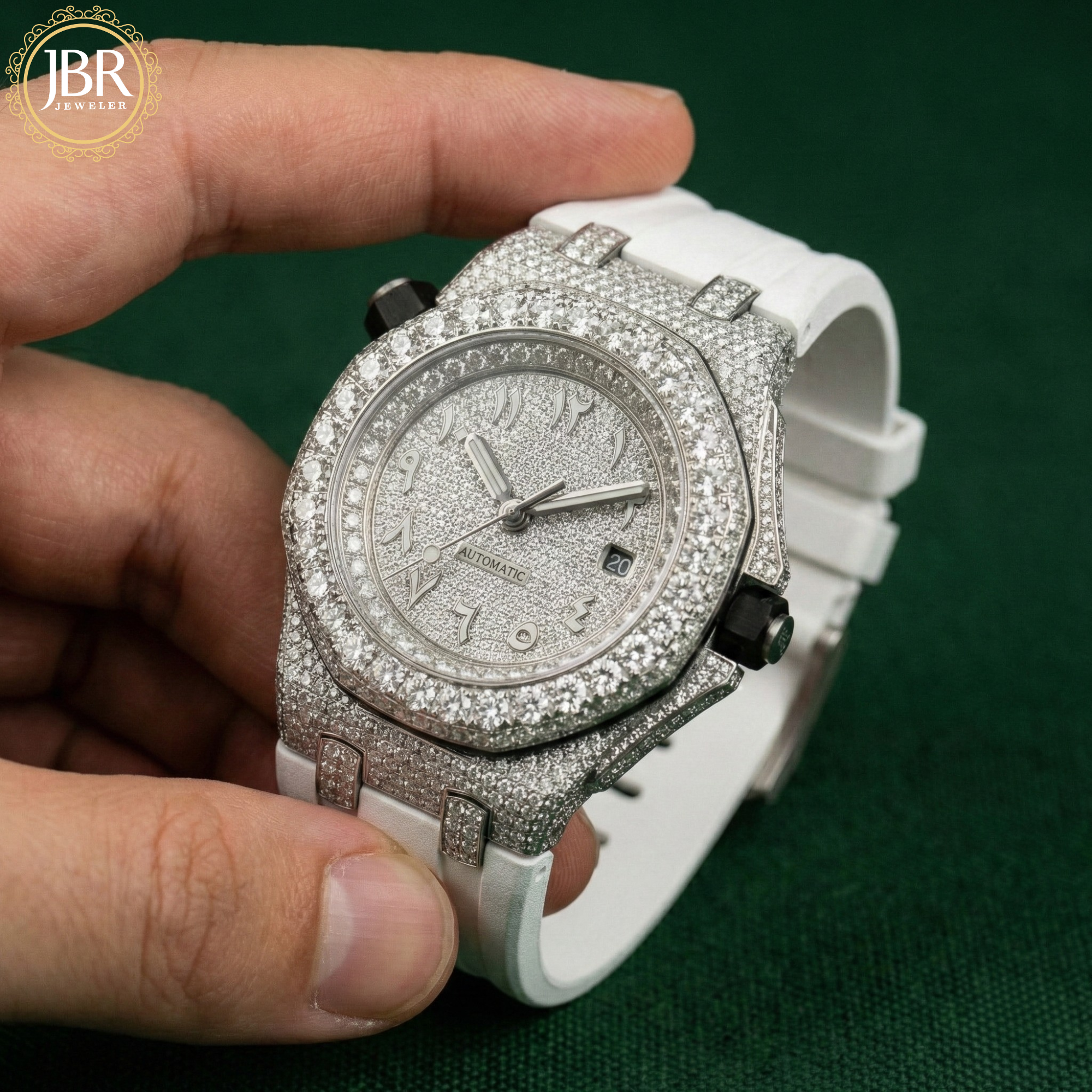 Premium men's moissanite studded dial watch with white strap